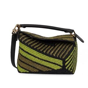 LOEWE Women's x Paula's Ibiza Puzzle Edge Striped Raffia Bag - Anise Olive NWT